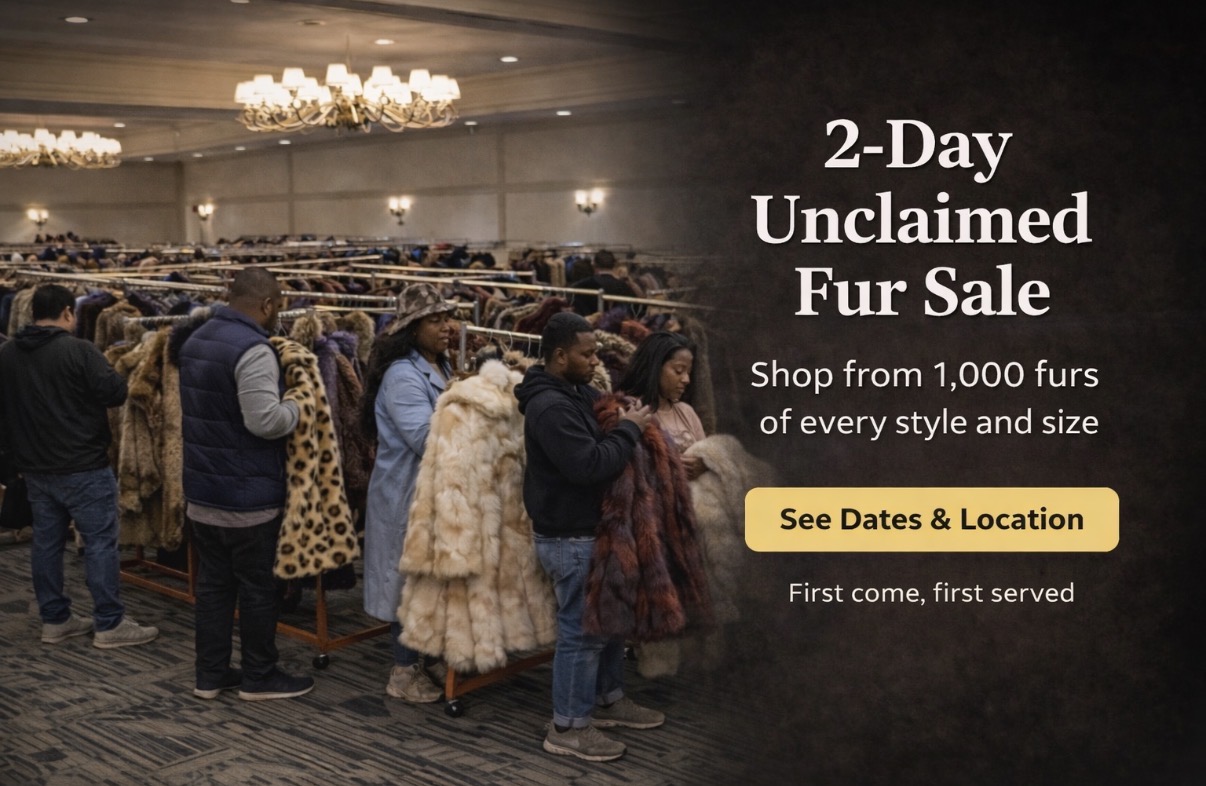 2-Day Fur Sale crowded unclaimed fur sale shoppers browsing fur coats
